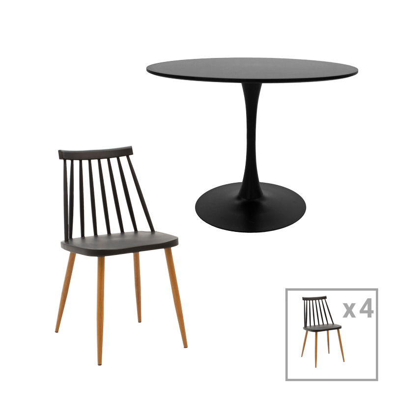 Aurora-Balou pakoworld dining table set of 5 pp-mdf in black-natural color D100x75cm