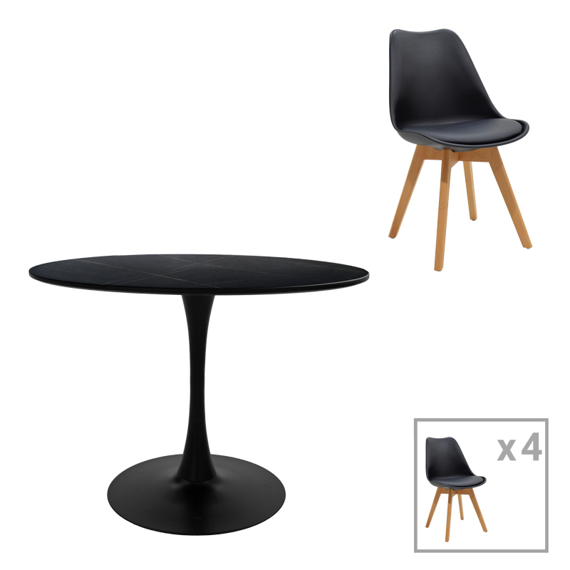 Gaston-Balou I pakoworld dining table set of 5 pp-mdf in black-natural color D120x75cm