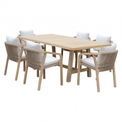 Dining table Poza-Malibu pakoworld 7pcs solid acacia wood-beige fabric