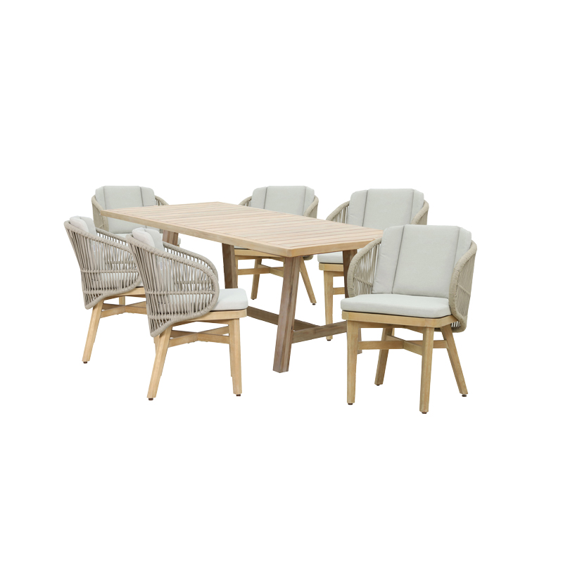 Poza-Farem pakoworld dining table 7pcs solid acacia-eucalyptus wood-beige fabric