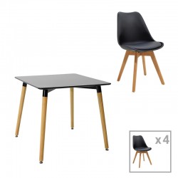 Dining table Natali-Gaston set of 5 pakoworld MDF and beech wood in black-natural shade 80x80x76cm