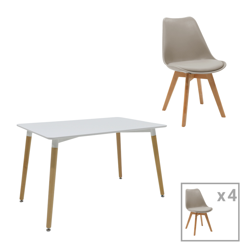 Dining table Natali-Gaston A set of 5 pakoworld MDF and beech wood in gray-white-natural shade 120x80x76cm