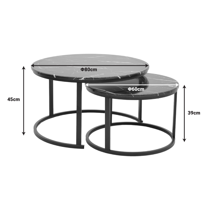 Coffee table Revelon pakoworld set of 2 mdf in black marble look 80x80x45cm