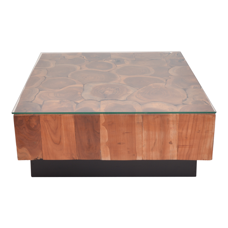 Granon Inart coffee table walnut-black solid teak wood-glass 80x80x32cm