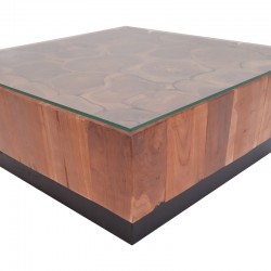 Granon Inart coffee table walnut-black solid teak wood-glass 80x80x32cm