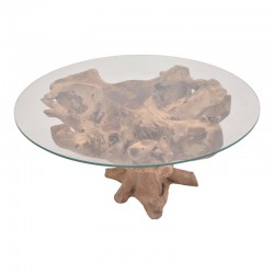 Τραπέζι σαλονιού Motive Inart φυσικό-μαύρο μασίφ ξύλο teak-γυαλί Φ80x45εκ