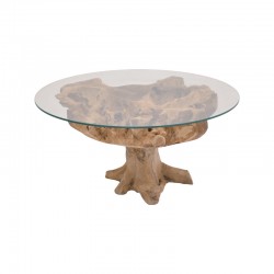 Coffee table Motive Inart natural-black solid teak wood-glass D80x45cm