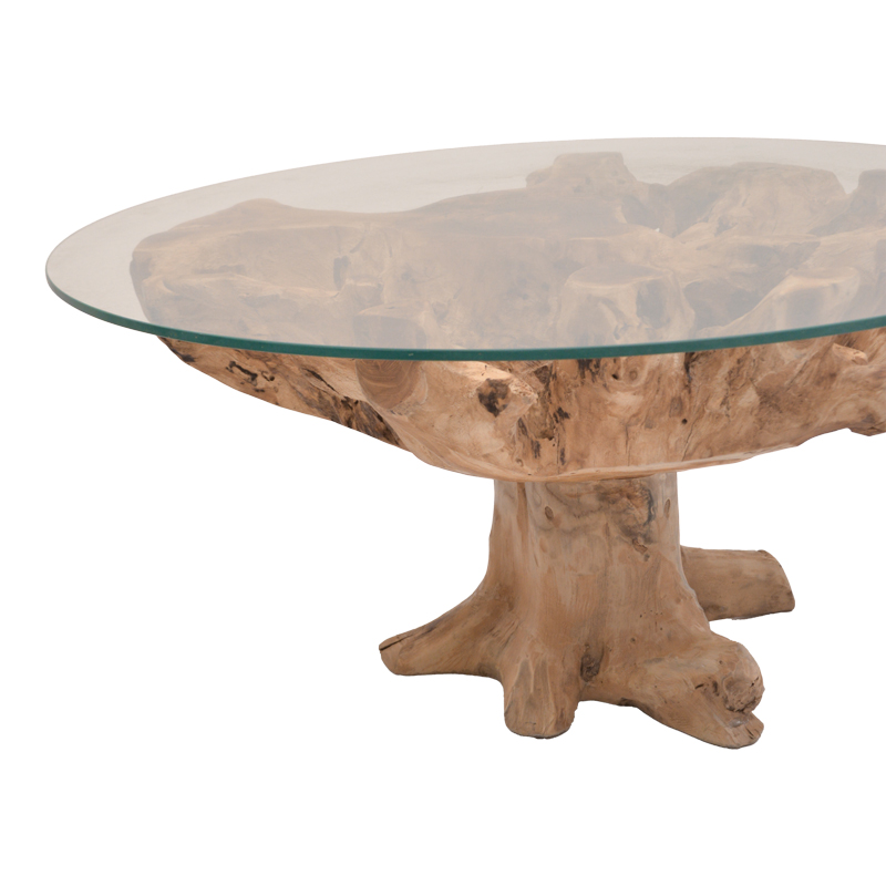Coffee table Motive Inart natural-black solid teak wood-glass D80x45cm