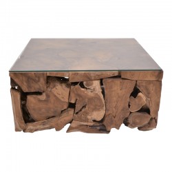 Τραπέζι σαλονιού Gelon Inart φυσικό μασίφ ξύλο teak-γυαλί 100x100x45εκ