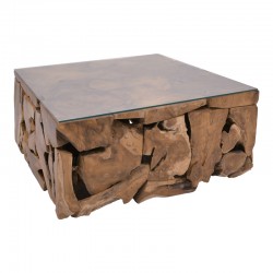 Gelon Inart coffee table natural solid wood teak-glass 100x100x45cm