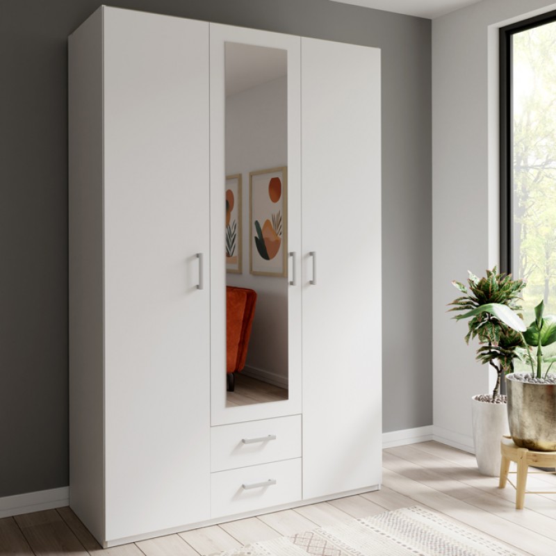 Jakrine pakoworld melamine three-leaf wardrobe melamine with mirror in white with 3 grey shelves 133.2x54.2x210.5cm