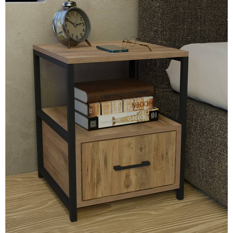 Stani bedside table pakoworld black metal and melamine in a natural shade 45x45x57cm