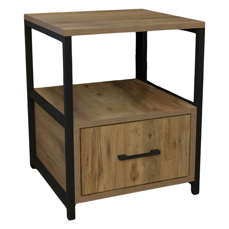 Stani bedside table pakoworld black metal and melamine in a natural shade 45x45x57cm