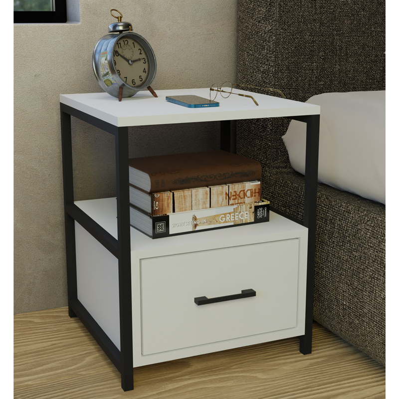 Stani bedside table pakoworld black metal and melamine in white shade 45x45x57cm