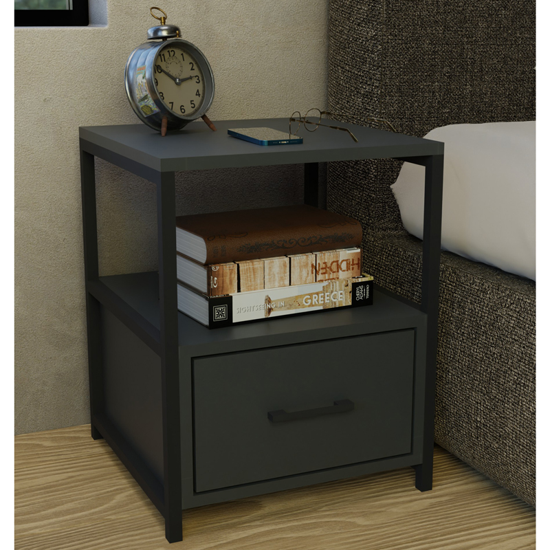 Stani bedside table pakoworld black metal and melamine in anthracite shade 45x45x57cm