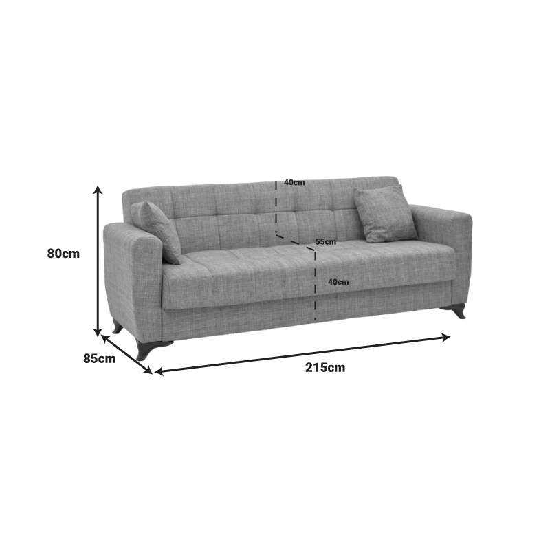 Καναπές-κρεβάτι με αποθηκευτικό χώρο τριθέσιος Modestole pakoworld γκρι ύφασμα 215x85x80εκ