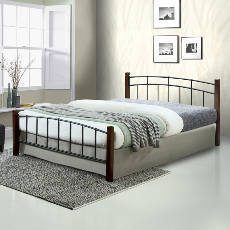 Double bed Mandy pakoworld walnut color wood-black metal 140x190cm