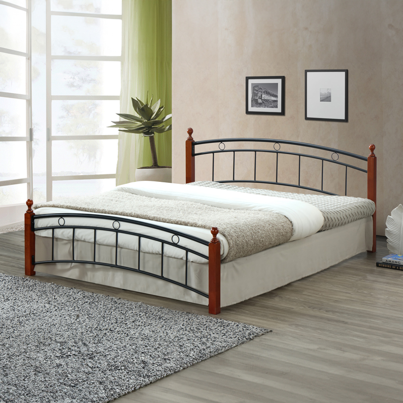 Queen size bed Clarive pakoworld walnut color wood-black metal 150x190cm