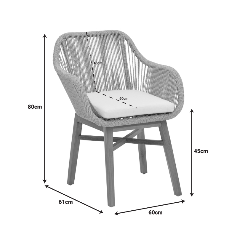 Πολυθρόνα Kalie pakoworld teak ξύλο και pe σχοινί σε φυσική-μπεζ απόχρωση με μαξιλάρι 60x61x80εκ