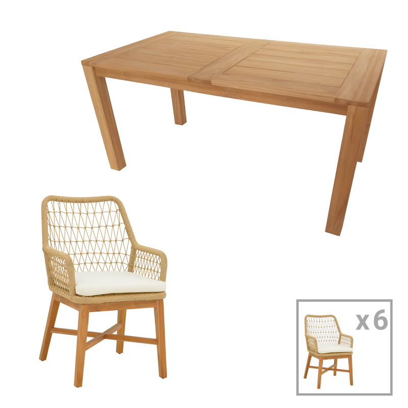 Dining set 7pcs Elaiza-Pablo pakoworld teak wood in natural-beige shade 160x90x76cm