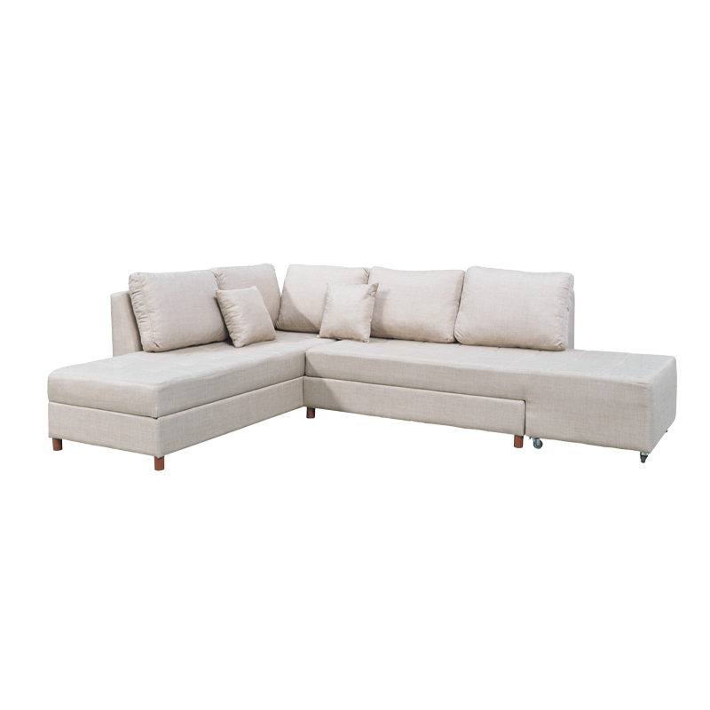 Corner sofa-bed left corner with storage space Lasy pakoworld fabric in off-white shade 290x217x89cm