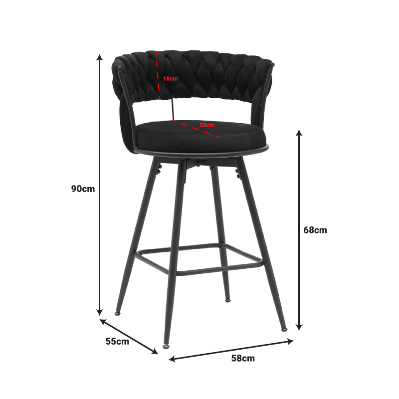 Bar stool Erosa pakoworld in black velvet with black metal legs 58x55x90cm