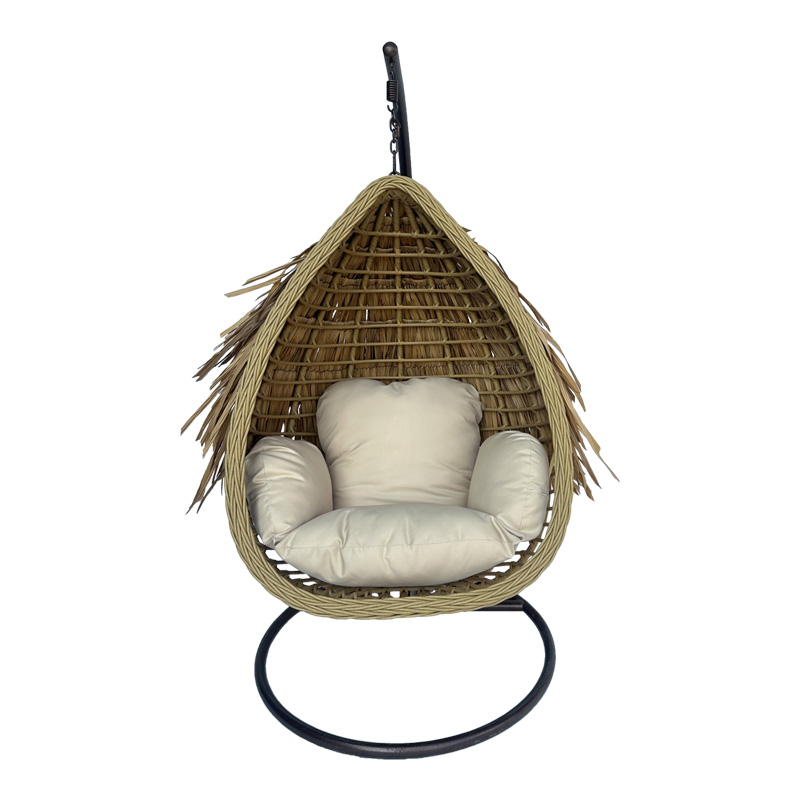 Varur pakoworld swing nest with brown metal base - pe rattan in beige color 120x105x195cm