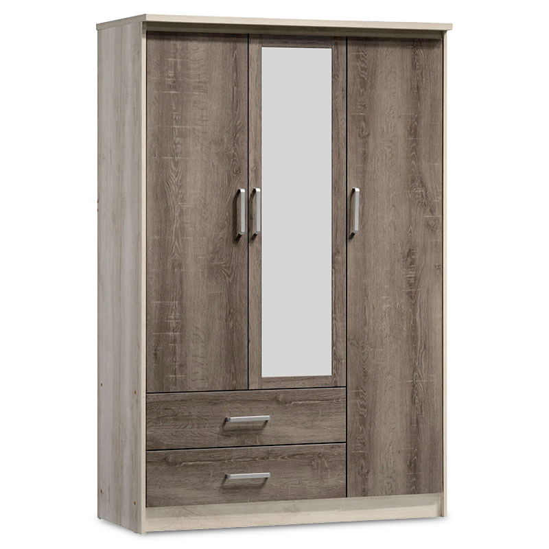 Wardrobe Olympus pakoworld with 3 doors and drawers+mirror in castillo-toro colour 120x57x183