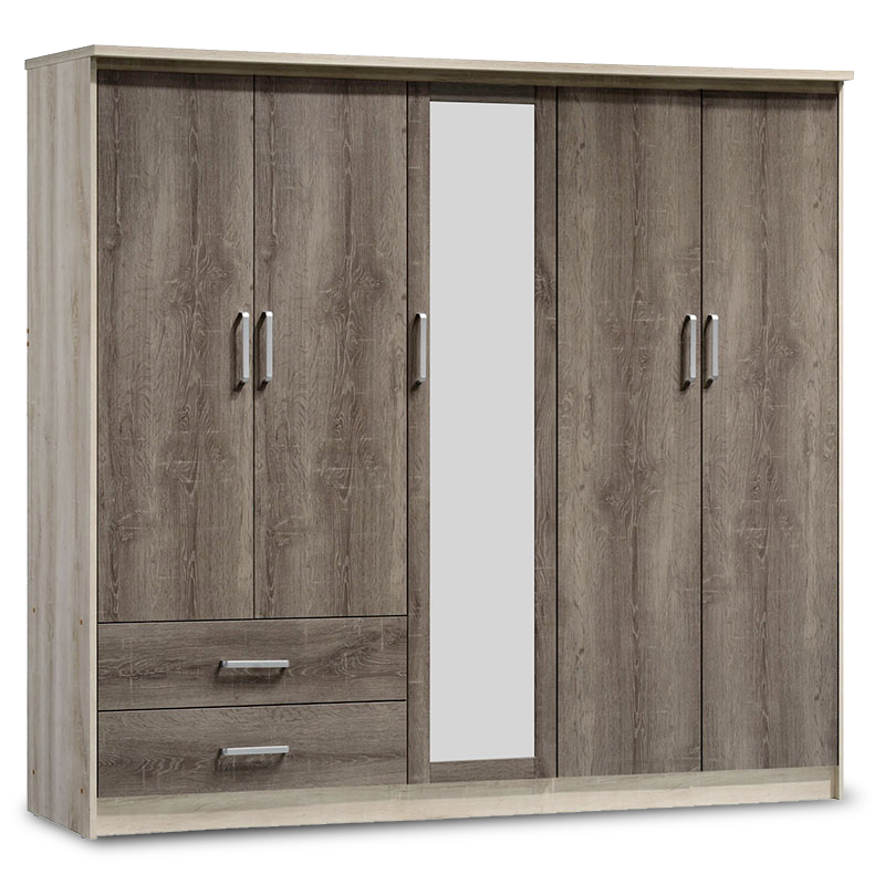 Wardrobe Olympus pakoworld with 5 doors and drawers+mirror in castillo-toro colour 198x57x183